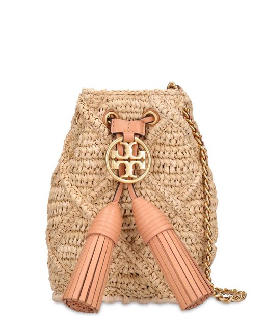 Tory Burch Natural Mini Fleming Straw & Leather Bucket Bag