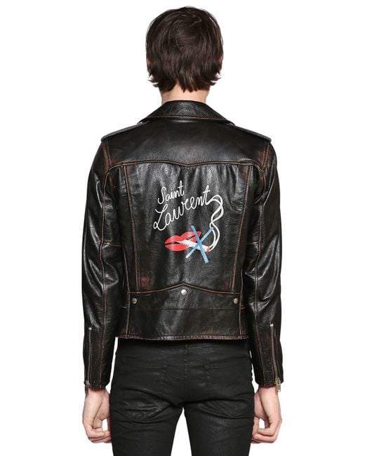 Saint Laurent Black No Smoking Print Vintage Leather Jacket for men