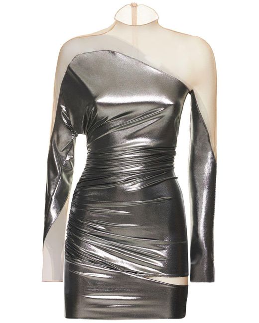 Mugler Metallic Jersey & Tulle Mini Dress in Gray | Lyst