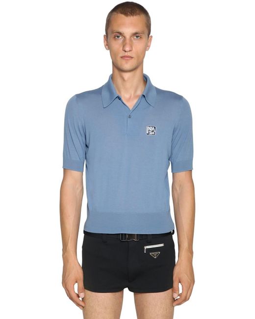 Prada Blue Wool Polo Shirt W/ Logo Patch for men