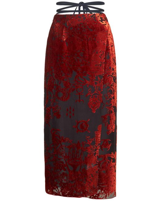 MARINE SERRE Red Geotic Devoré Velvet Midi Wrap Skirt