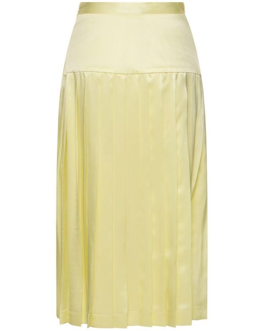 Alessandra Rich Yellow Silk Satin Pleated Midi Skirt