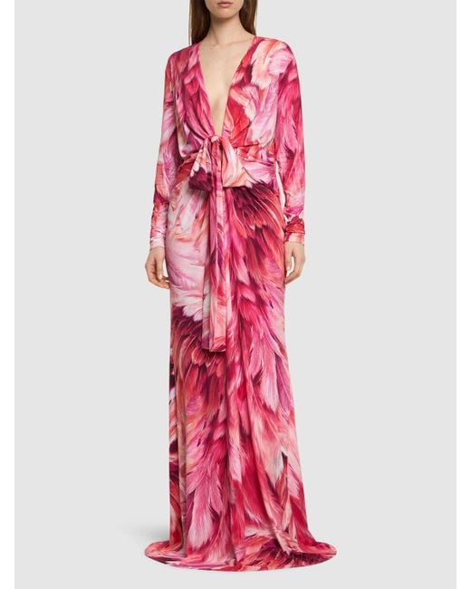 Robe longue en lycra imprimé avec nœud Roberto Cavalli en coloris Pink