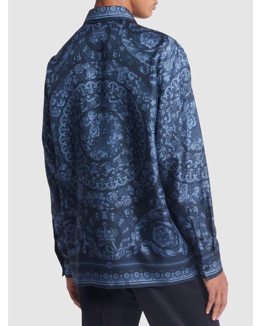 Versace Blue Barocco Print Silk Twill Shirt for men