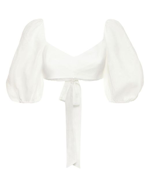 Zimmermann Jeannie Puff-sleeve Linen Crop Top in Ivory (White) | Lyst ...