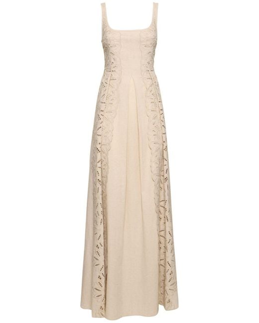 Alberta Ferretti Natural Embroidered Linen Blend Long Dress