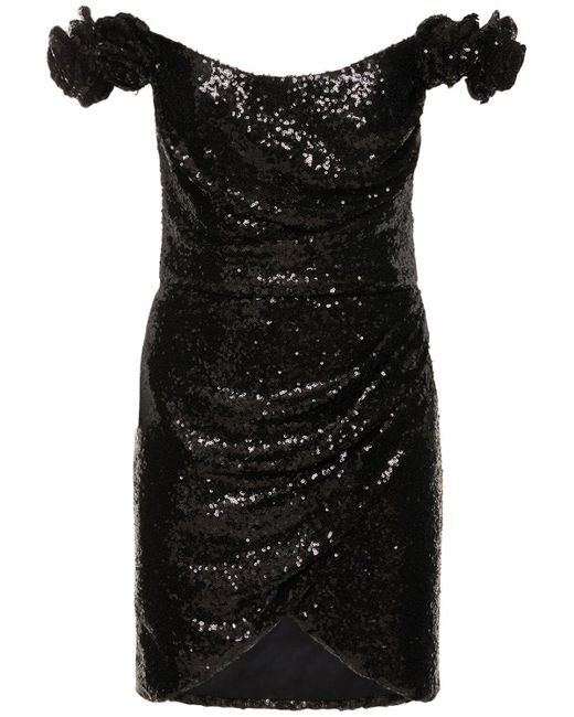 Costarellos Black Vespera Sequined Off-The-Shoulder Dress