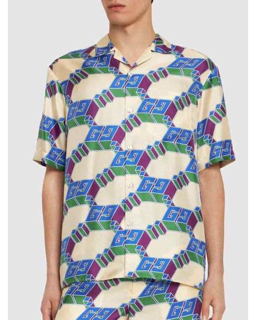 Camicia bowling gg hawaii in seta di Gucci in Blue da Uomo