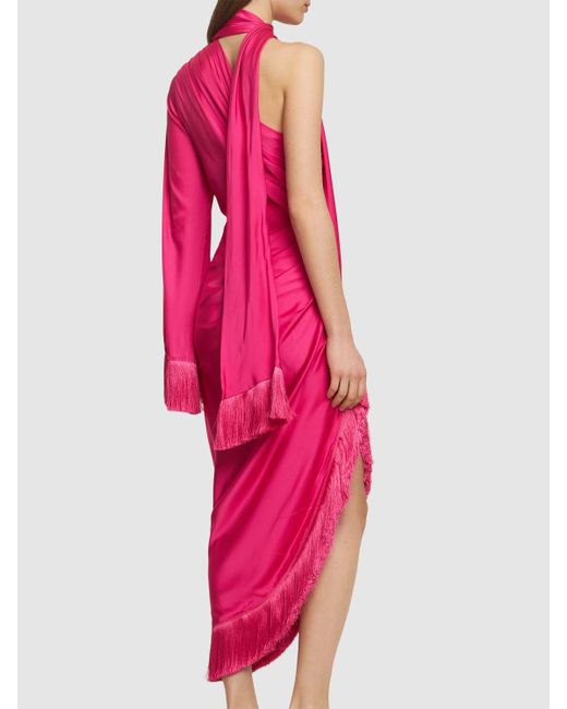 PATBO Pink Fringed Asymmetric One Sleeve Midi Dress