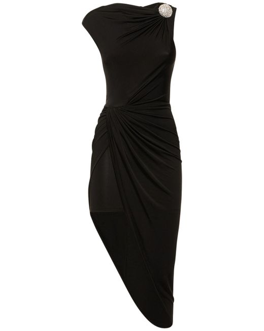 David Koma Black Asymmetric Ruched Crystal-embellished Stretch-jersey Dress