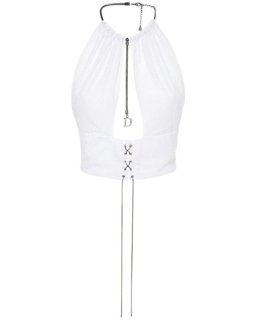 DSquared² White Sequined Satin Halter Crop Top W/Chain