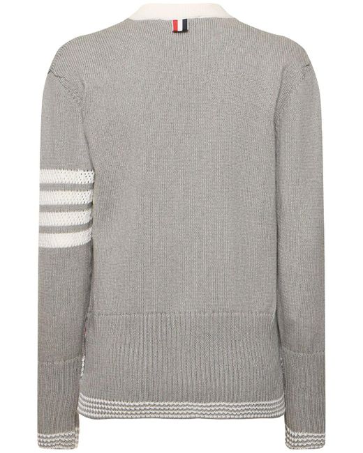 Thom Browne Gray Cotton Knit 4 Stripe Cardigan W/ Pockets