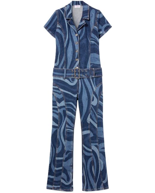 Emilio Pucci Blue Printed Denim Long Jumpsuit