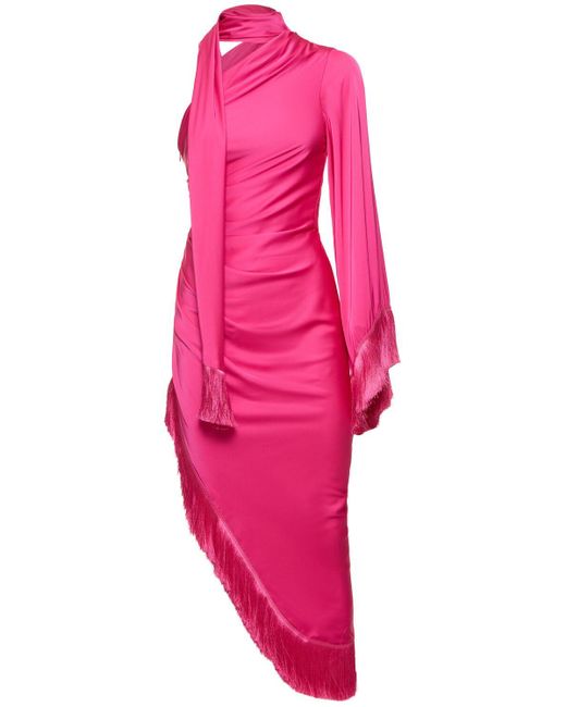 PATBO Pink Fringed Asymmetric One Sleeve Midi Dress