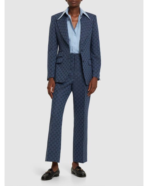 Pantalones de lino y algodon con GG en jacquard Gucci de color Blue