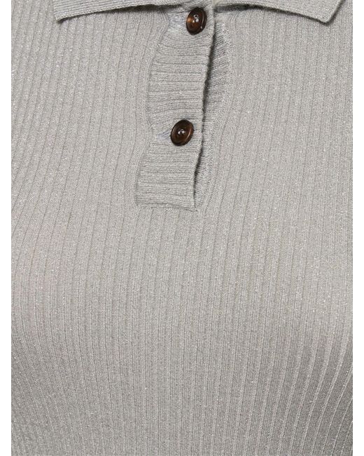 Brunello Cucinelli Gray Rib Knit Cashmere Blend Polo Top