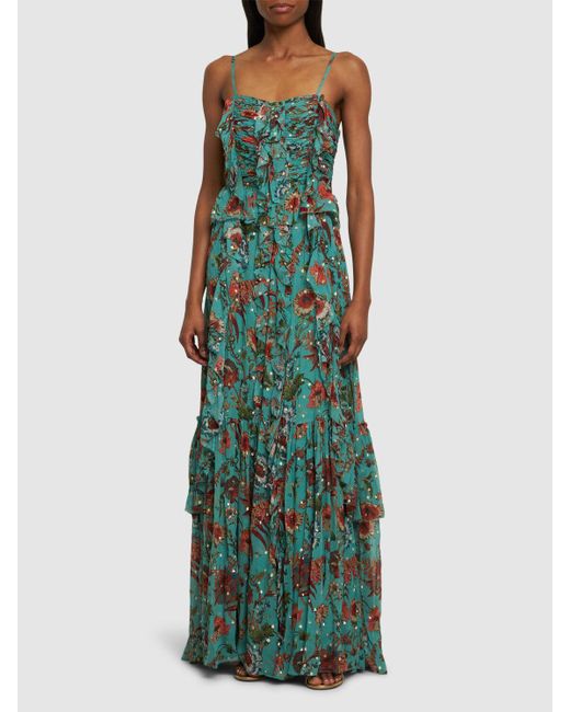Ulla Johnson Green Colette Printed Silk Blend Long Gown
