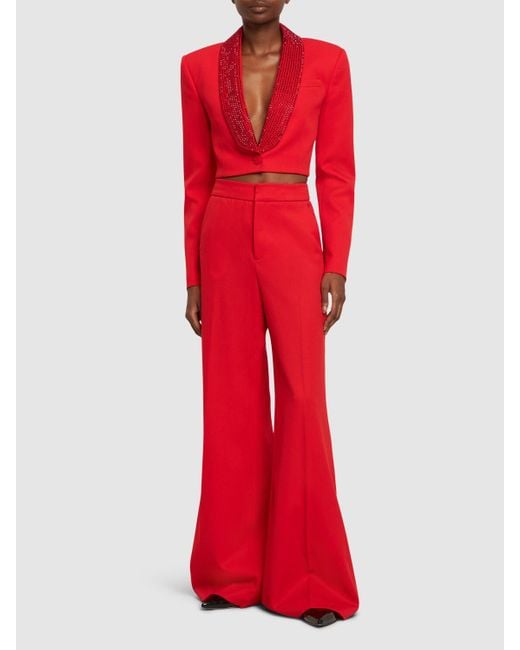 Area Red Embellished Wool Cropped Blazer