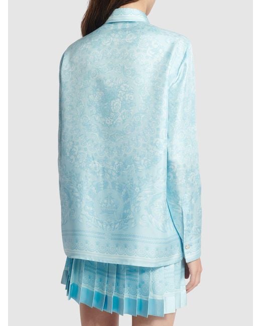 Versace Blue Barocco Print Silk Twill Formal Shirt