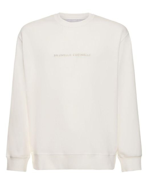 Brunello Cucinelli White Embroidered Logo Cotton Sweatshirt for men