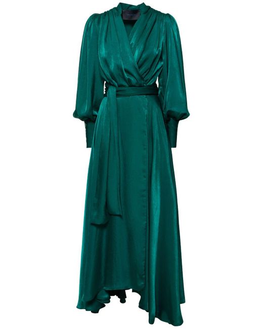 Costarellos Green Stila Satin Wrap Long Dress