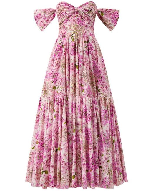 Robe longue drapée en popeline imprimée Giambattista Valli en coloris Pink