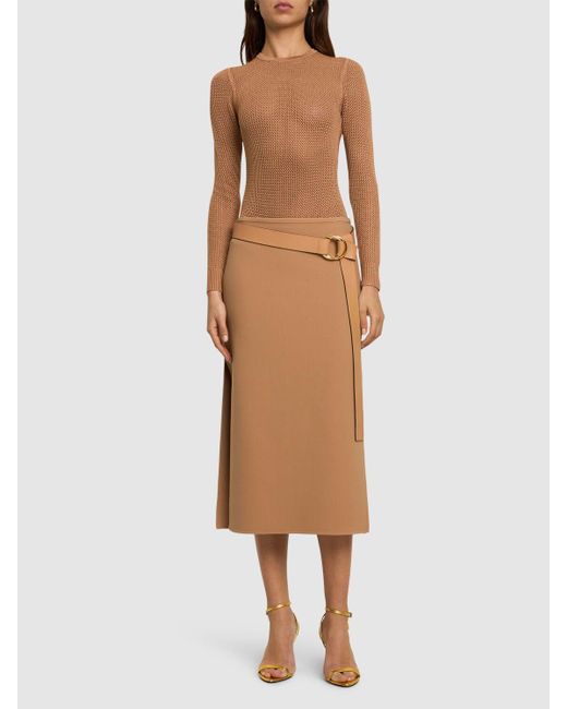 Michael Kors Brown Wool Stretch Side Slit Midi Skirt