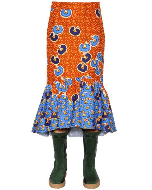 Stella Jean Blue Ruffled Printed Cotton Twill Midi Skirt