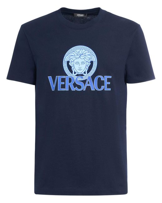 Camiseta de algodón con logo Versace de hombre de color Blue