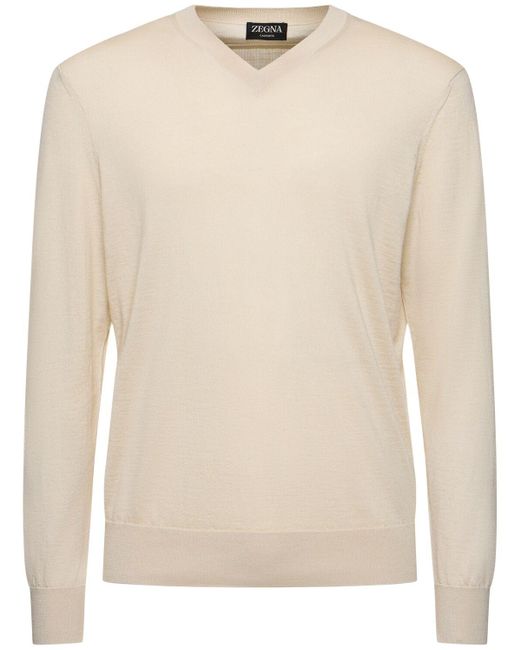 Zegna Natural Cashmere & Silk V Neck Sweater for men