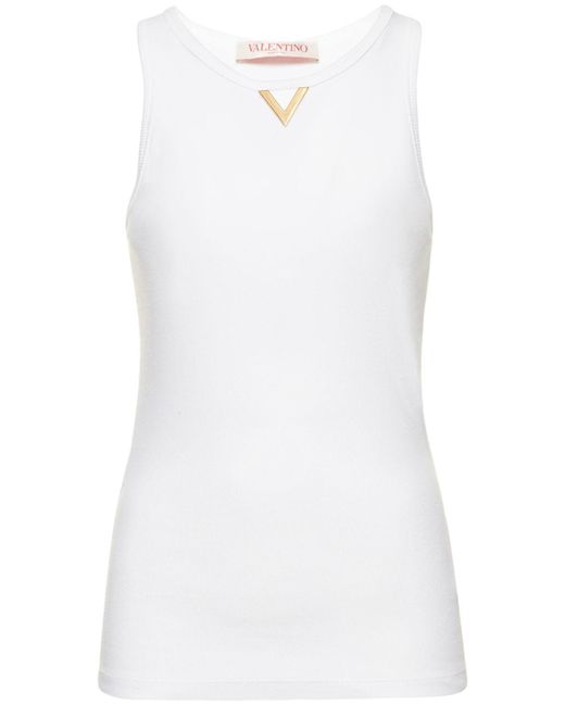 Valentino White V Logo Rib Jersey Cropped Tank Top