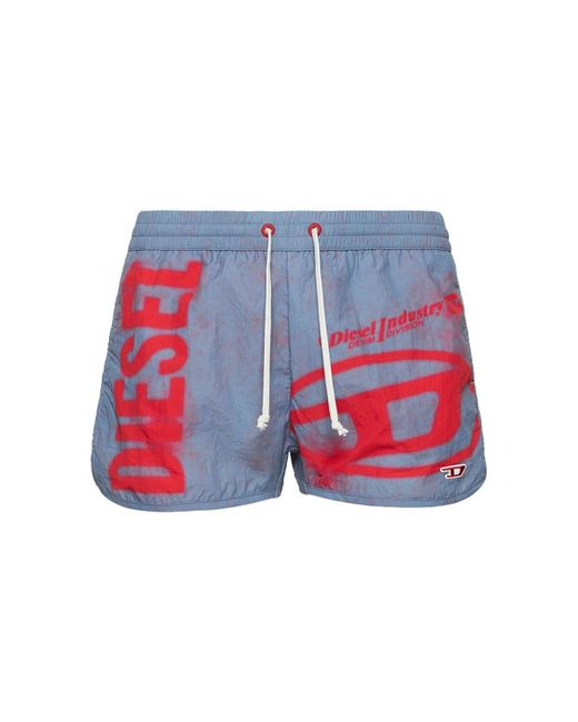 DIESEL Red D Logo Print Nylon Swim Shorts for men
