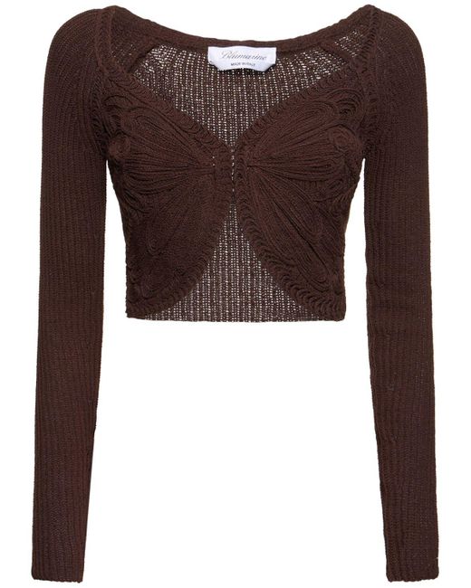 Blumarine Brown Cotton Blend Knit Crop Cardigan