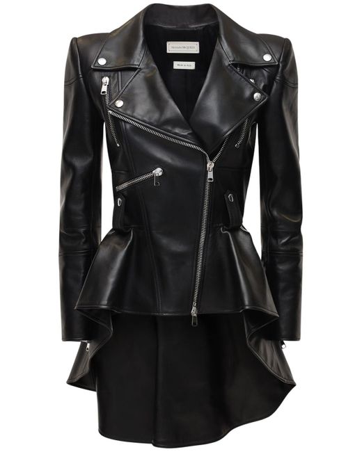Alexander McQueen Leather Biker Jacket W/ Peplum in Black | Lyst