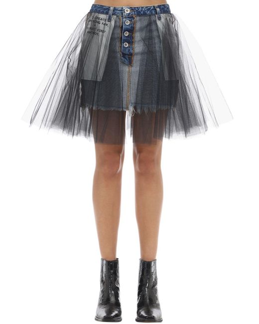 Unravel Project Black Tulle & Cotton Denim Mini Skirt