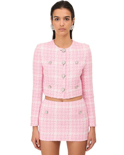 Alessandra Rich Pink Tweed Button Crop Jacket W/ Crystals