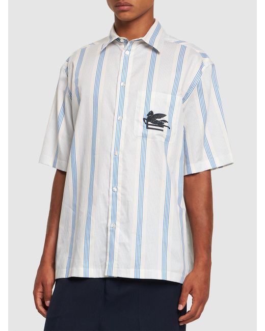 Etro Blue Logo Striped Short Sleeve Shirt for men