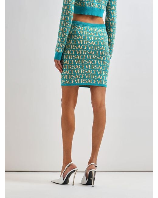 Versace Green Logo Jacquard Knit High Waist Mini Skirt