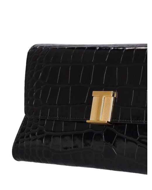 Tom Ford Black Shiny Croc Embossed Leather Clutch