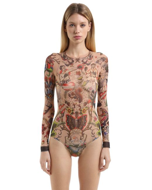 DSquared² Brown Tattoo Printed Tulle Stretch Bodysuit