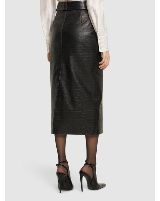 Alessandra Rich Black Croco Print Leather Midi Skirt W/ Studs