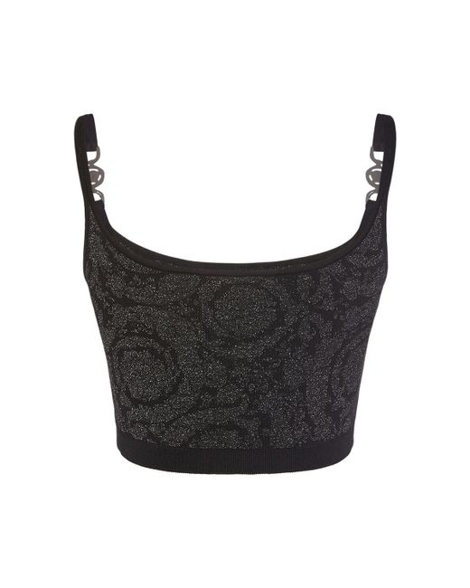 Versace Black Barocco Embellished Lurex Knit Bra Top