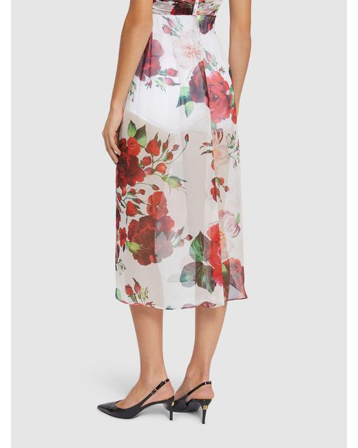 Dolce & Gabbana Red Flower Print Chiffon Midi Skirt