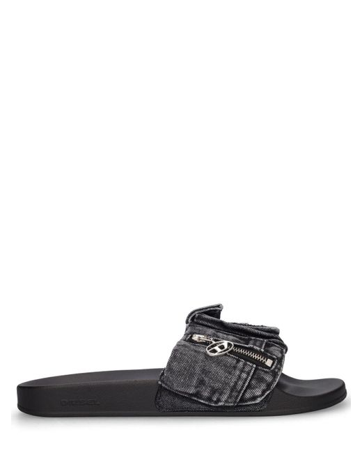 DIESEL Black Sa-mayemi Denim Slide Sandals for men