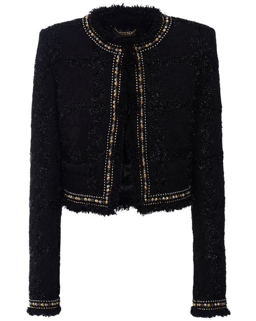 Versace Wool Blend Lurex Tweed Check Crop Jacket in Black | Lyst