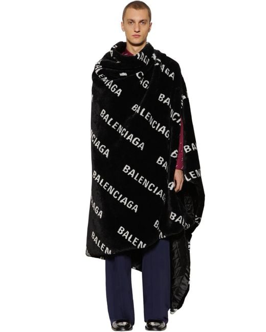 Balenciaga Black Oversize Faux Fur Logo Blanket for men