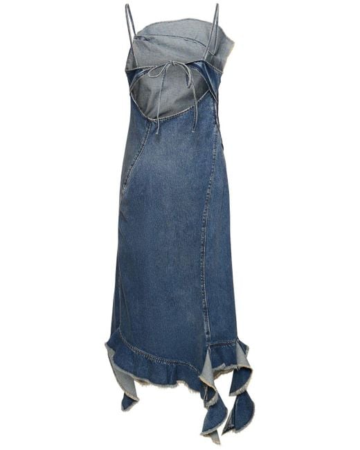 Acne Blue Ruffled Denim Self-tie Midi Dress