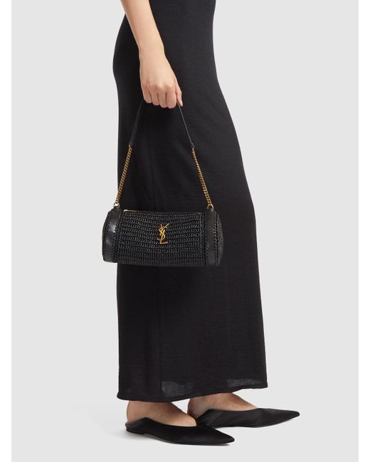 Saint Laurent Black Small Cassandre Raffia Shoulder Bag
