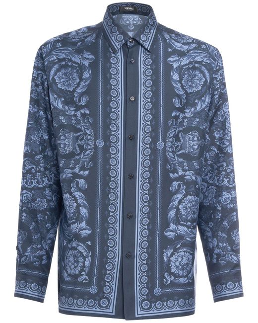 Camicia barocco in twill di seta stampato di Versace in Blue da Uomo