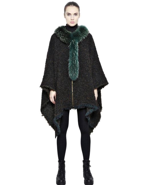 Mr & Mrs Italy Green Fur-lined Wool Cape